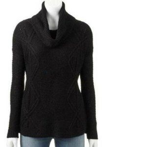 Womens Cable Knit Sweater Sonoma Black Medium Lurex Accents Long Sleeve Cowlneck